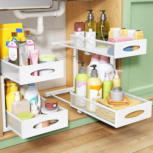 Under Sink Organizer, 2 Tier Pull out Cabinet Organizer Baskets with Mesh Sliding Drawers, Slide out Storage Shelf for Home, Kitchen, Bathroom, Pantry, Office Cabinet(1 Pack, White)-NeatNest