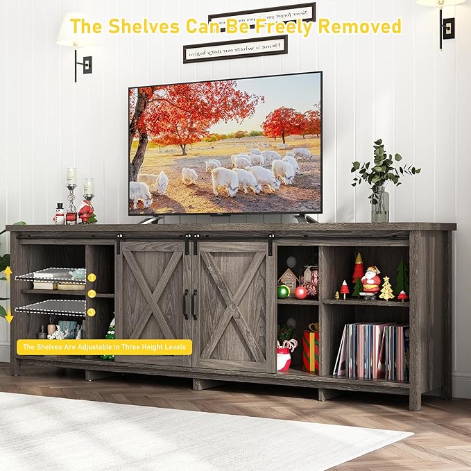 80 Inch Large Farmhouse TV Stands for 90 inch TV w/Adjustable Shelves-NeatNest