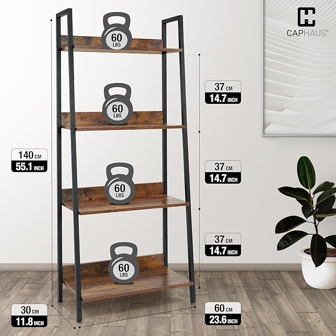 CAPHAUS 4 Tier Ladder Bookshelf, 24 Inch Width Free Standing Shelf, Bookcase Shelf Storage Rack Organizer, Industrial Book Shelves for Home Office, Living Room, Kitchen, Rustic Oak, Vintage Shelves-NeatNest