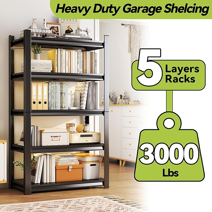 5 Tier Metal Book Shelf Industrial Black, Adjustable Height - Perfect for Bedroom, Living Area, Kitchen, Balcony Storage