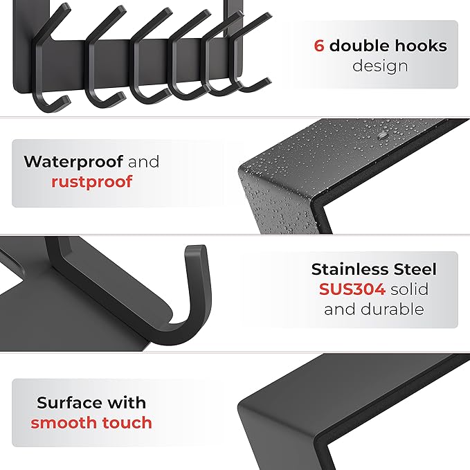 Matte Black Over The Door Hooks – Heavy Duty Stainless Steel Door Hanger with 6 Double Hooks for Hanging Towels, Coats, Robes, Hats, Bags – No Drill Over Door Towel Rack for Bathroom & Bedroom