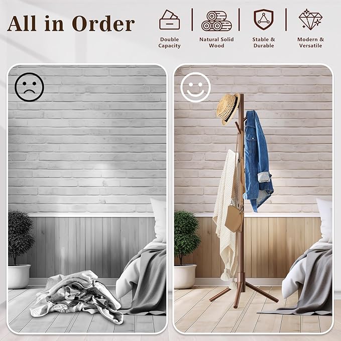 2 Pack Coat Rack, Solid Wood Coat Rack Freestanding with 8 Hooks & 3 Adjustable Heights, Simple Assembly Coat Tree for Hats, Bags, Wooden Coat Hanger Stand for Bedroom, Entryway, Office-NeatNest