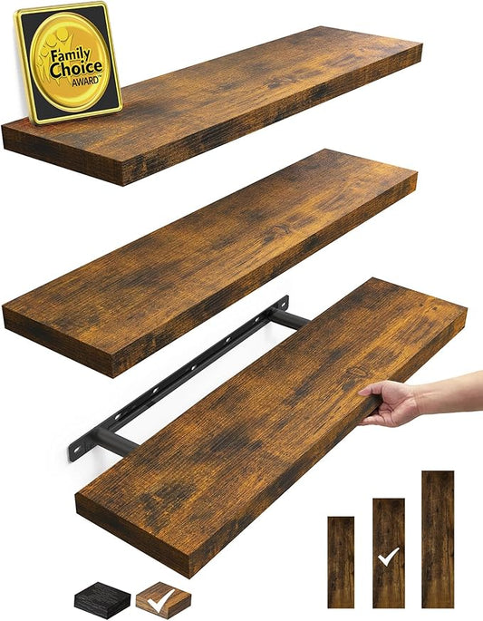 BAYKA Floating Shelves for Wall, 22.5 inches Wall Mounted Rustic Wood Shelves for Bathroom, Bedroom, Living Room, Floating Shelves for Books/Storage/Decor(Rustic Brown,Set of 3)-NeatNest