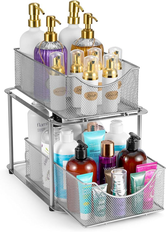 Sorbus 2 Tier Metal Under Sink Organizer for Bathroom, Kitchen, Strong Steel Mesh Sliding Drawers for Under Sink, Under Cabinet, Closet, Kitchen, Pantry, Bathroom Organizers and Storage (Silver)-NeatNest