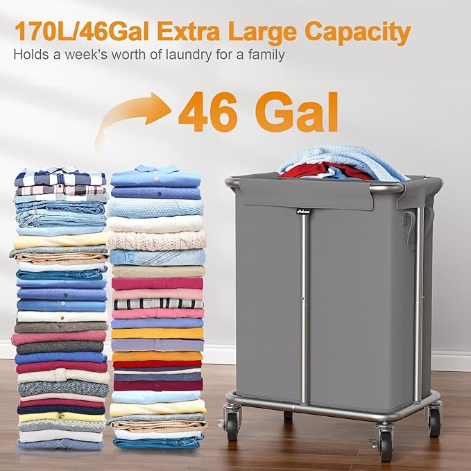 Laundry Basket with Wheels, Rolling Laundry Hamper, 46 Gallons (170L), Removable and Machine Washable Liner, Steel Frame, Large Laundry Cart for Laundry Room, Bedroom, Bathroom, Dorm - Grey