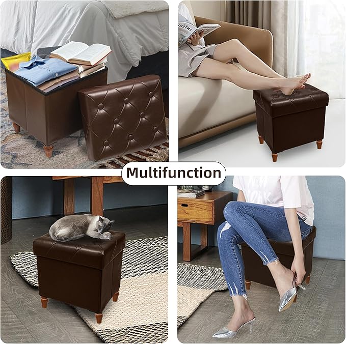 CAROLMADE Folding Storage Ottoman Cube PU Leather Footstool with Wood Legs Ottoman Footrest for Living Room and Bedroom Brown, 15x12.6 x 15.4”-NeatNest