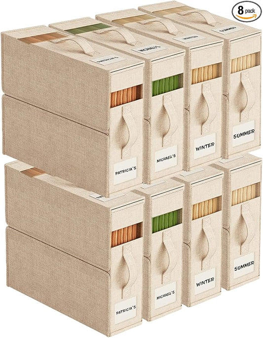 8Pack Sheet Organizers and Storage with Handles – Foldable Linen Closet Storage for King & Queen Sheet Sets – Clear Window & Removable Labels – Dustproof & Space-Saving Design, Beige-NeatNest