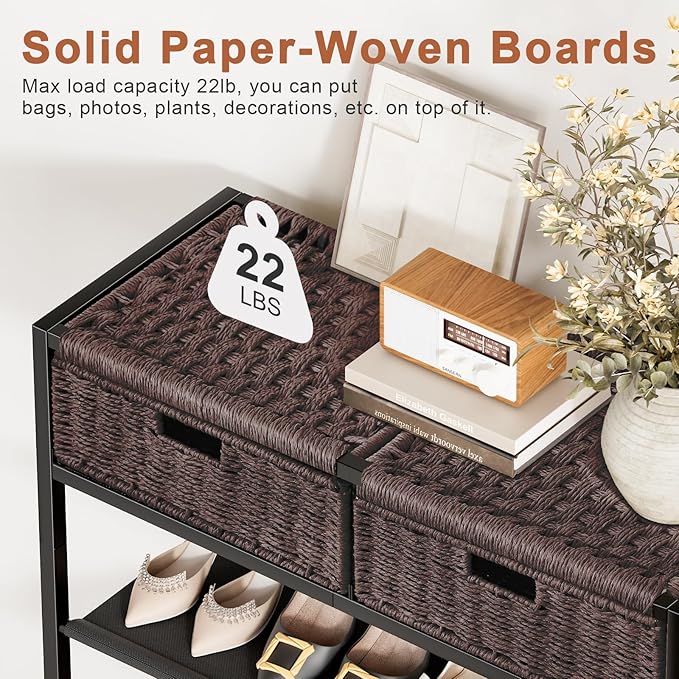 Shoe Rack, 5 Tier Shoe Storage Organizer with 2 Hand Woven Drawers, Metal Shoe Shelf for 16-20 Pairs of Shoes, with 4 Fabric Shelves and Woven Top, Shoe Stand for Closet Entryway, Dark Brown-NeatNest