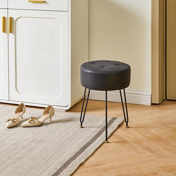 IBUYKE Faux Leather Round Footrest Stool, Makeup Vanity Stool Side Table, PU Dressing Table Seat, Pouf Couch Stool, Golden Steel Legs, Black LG-31B