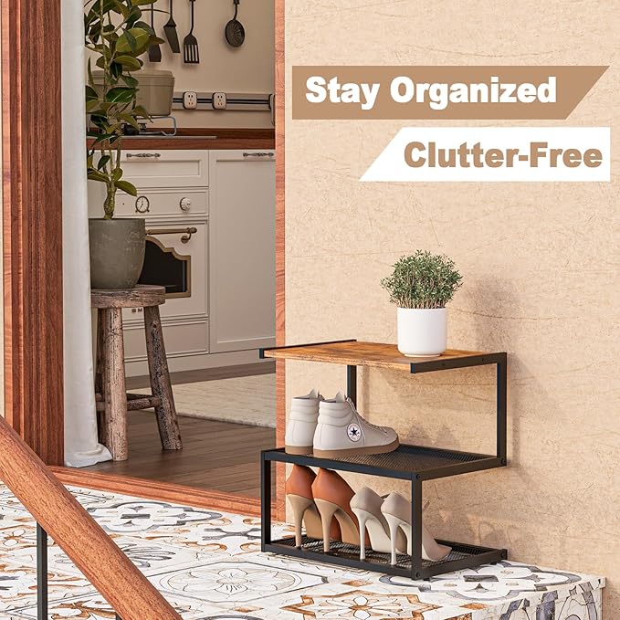 Shoe Rack, Unique 5-Shaped Free Standing Shoe Shelf, 3-Tier Wooden Shoe Organizer with Wooden Top and Steel Frame for Front Door Entrance, Entryway, Hallway, 16.54" D x 10.24" W x 16.14" H-NeatNest
