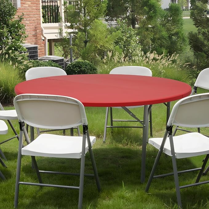 Athena Collection 5 ft Plastic Folding Dining Table, Large Foldable Round Card Table Portable with Carry Handle Heavy Duty Fold-in-Half for Indoor Outdoor Party Camping, Red-NeatNest