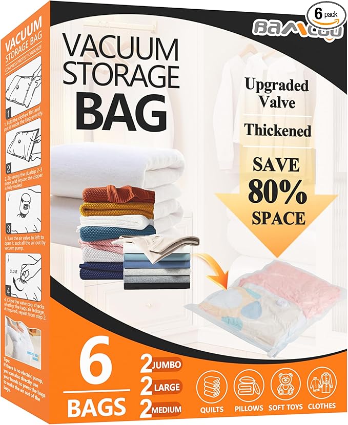 Space Saver Vacuum Storage Bags Upgraded 6 Pack(2 Jumbo 2 Large 2 Medium) Vaccine Sealed Storage Bags Vacuum Seal Compression Bag for Packing Blankets Comforters-NeatNest
