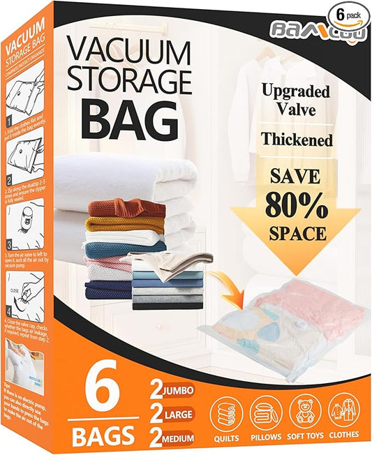 Space Saver Vacuum Storage Bags Upgraded 6 Pack(2 Jumbo 2 Large 2 Medium) Vaccine Sealed Storage Bags Vacuum Seal Compression Bag for Packing Blankets Comforters-NeatNest