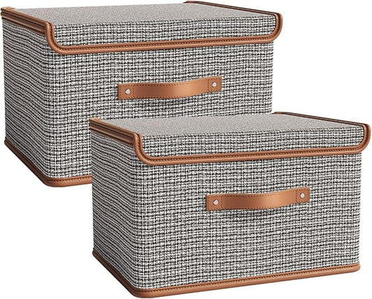 Tuza 2 Pack Storage Bins with Lids, Collapsible Closet Organizer Container, Fabric Organizer Box with Handles, Decorative Storage Boxes with Lids for Organizing Clothes, Blanket, Light Grey, Medium-NeatNest