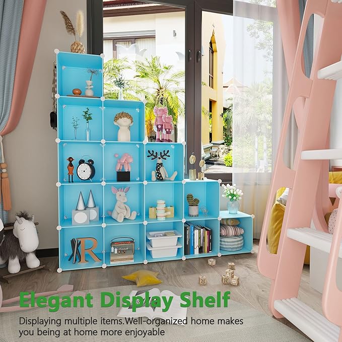 C&AHOME Cube Storage Organizer, 16-Cube Shelves Units, Plastic Storage Cubes, DIY Closet Organizer, Modular Closet Storage Shelves Ideal for Home, Bedroom, 48.4" L × 12.4" W × 48.4" H Blue UPCS16L