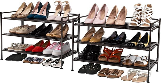 Seville Classics Sturdy Freestanding Storage Shelf for Bedroom, Closet, Entryway, Dorm Room Organizer, Stackable Durable Metal Shoe Rack, Espresso Slat, 3-Tier (2-Pack)-NeatNest