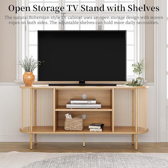 Brafab Oval Boho TV Console with Hand-Woven Ropes, Mid-Century Modern TV Stand for up to 60" with Storage Adjustable Shelf and Sturdy Steel Legs, Natural Wooden Entertainment Center for Living Room-NeatNest