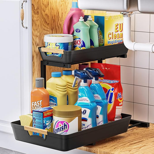 Under Sink Organizer, 2 Tier Adjustable Height Under Sink Organizers and Storage, L-Shaped Slide Out Pull Out Cabinet Organizers for Bathroom Kitchen Pantry(1 Pack, Black)-NeatNest