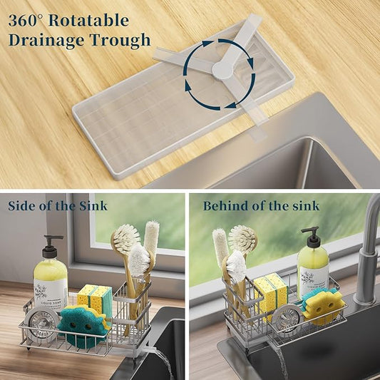 Consuemst Sponge Holder for Kitchen Sink - Auto Draining Sink Caddy Organizer with Detachable Rack, High Brush Holder, Kitchen Countertop Storage Accessories, Silver-NeatNest