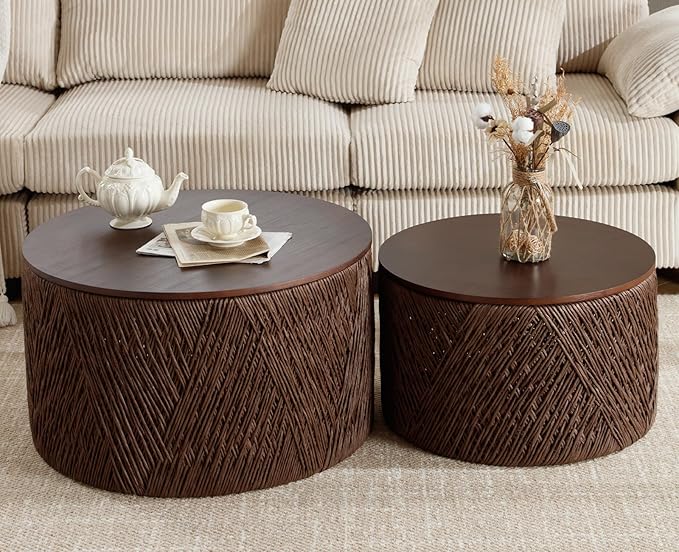 chairus Nesting Coffee Table Set of 2 Woven Round Coffee Table with Storage Solid Wood Side Table for Small Spaces, Living Room, Bedroom, Office, Dark Brown-NeatNest