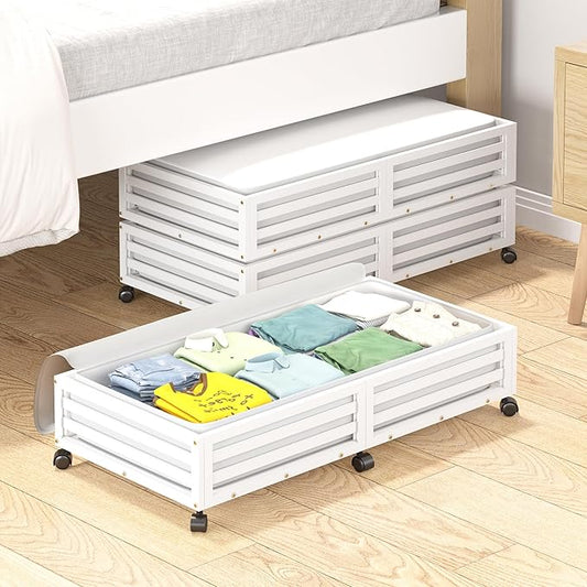 Bamboo Under Bed Storage Containers- Underbed Organizer with Wheels with Large Capacity Dust Bag,Sturdy Wood Rolling Under Bed Shoe Storage Organizer 2 Packs (White, 2 Packs (33.07"×16.54"))-NeatNest
