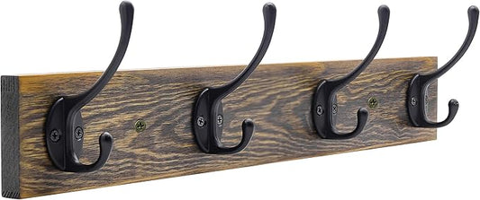 IBosins Wall Mounted Coat Rack, Entryway Hanging , Metal Wood Rack with 4 Black Literary Rustic Hooks Rail for Scarf, Bag, Towel, Key, Cap, Cup, Hat (Brown)-NeatNest