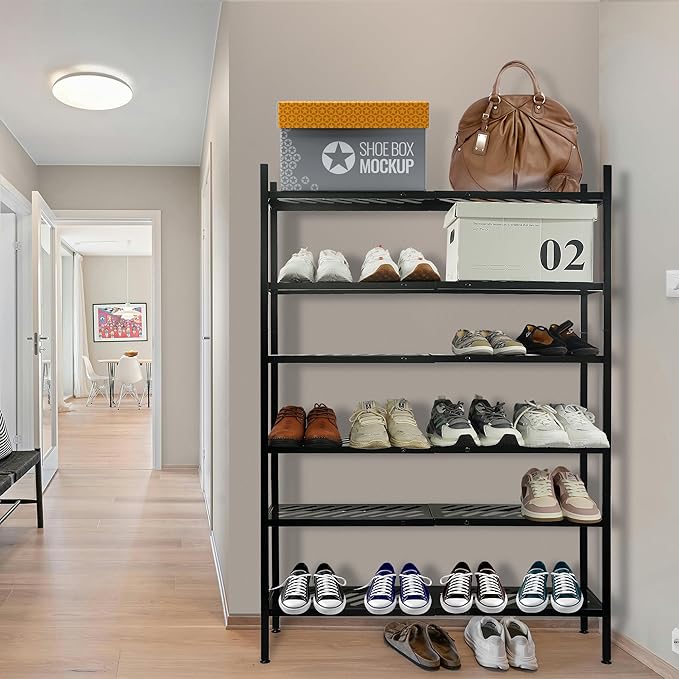Shoe Rack, 4-Tier FreeStanding Shoe Shelf Stand, Stackable Shoe Storage Organizer for Closet, Holds up to 20-24 Pairs of Shoes for Entryway, Garage, Front Door Entrance, Metal, Black-NeatNest