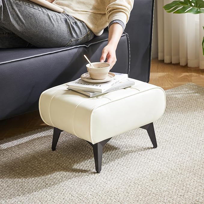 YMYNY Ottoman, Foot Stool with Metal Legs, Faux Leather Stool, Pouf Couch Stool, Modern Multifunctional Small Square Accent Small Table for Bedroom, Living Room 15.75"D×11.81"W×10.24"H White UHBD037W