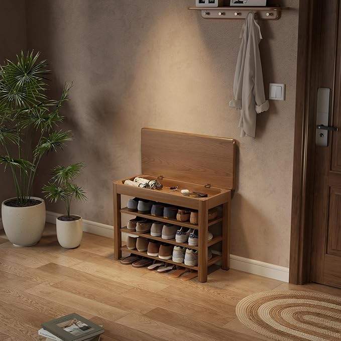 3 Tier Shoe Bench with Storage, Wood Shoe Rack for Front Door Entrance, Entryway Shoe Storage Bench.