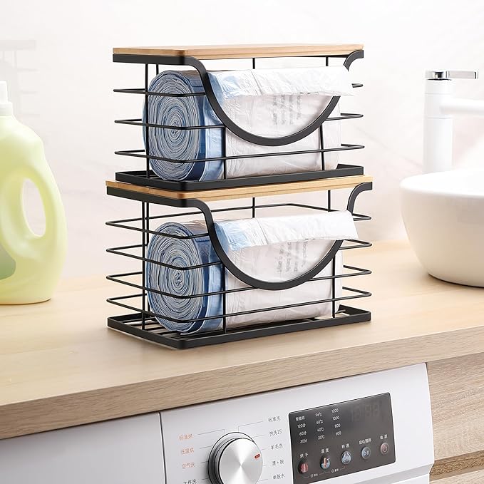 Extra Large Trash Bag Holder Under Sink 2 Pack Stackable Kitchen Storage with Bamboo Lid, Garbage Bag Dispenser Roll Holder, Pantry Organizers Wall Mounted Laundry Room Organization Storage-NeatNest