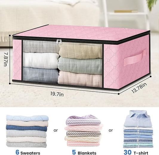 HomeHacks Storage 6-Pack Clothes Organizer Storage Bags Foldable Storage Box with Large Clear Window Sturdy Handles for Closet, Dorm, Pillows, Bedding, Clothes, Blankets, 35L, Pink-NeatNest