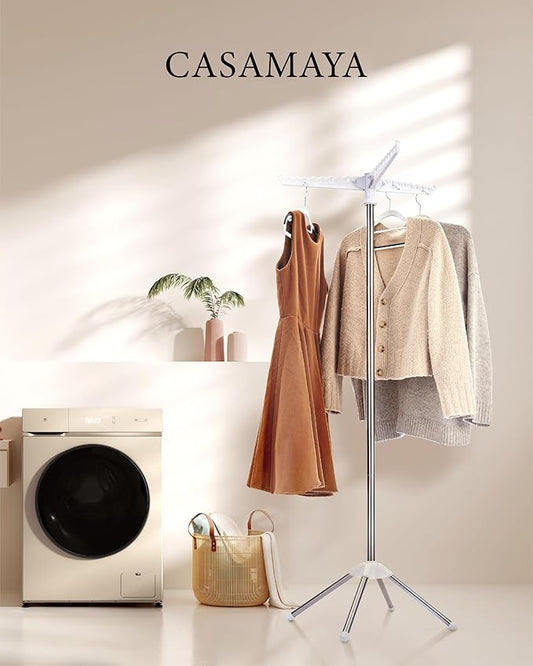 Clothes Drying Rack Foldable, 59 inch Tripod Laundry Drying Rack Indoor with Rotating Clothes Rail for 27 Pieces of Clothes, Space Saving, Stainless Steel, White and Silver CDR001W01-NeatNest