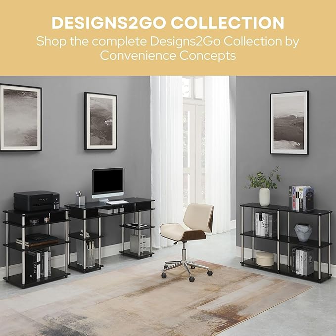 Convenience Concepts Designs2Go No Tools 3 Tier Wide Console Table 42" - Modern Multipurpose Accent with Shelves for TV Media Center, Office Desk Extension, Entryway Display, & Home Storage, Black-NeatNest