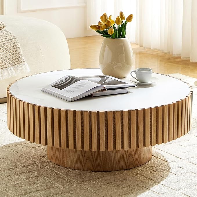 Coffee Table Stone Round 35.43'' for Living Room Modern Coffee Tables Wood Circle Drum Tea Fluted Solid Wooden Veneer Sintered Tabletop Handcraft Home Furniture for Apartment Easy Assembly Oak-NeatNest