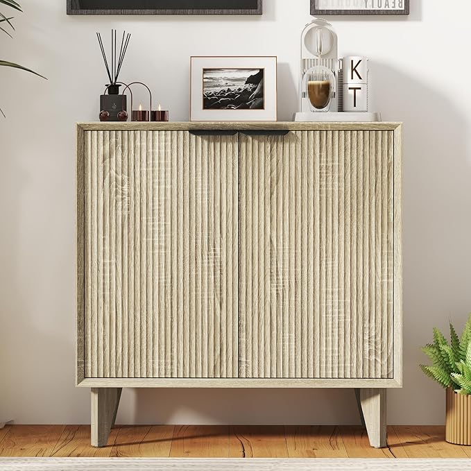 Fluted Cabinet with Storage, Small Buffet Sideborad with Door, Kitchen Buffet Storage Accent Cabinet with Adjustable Shelves for Living Room, Entry, Hallway, Natural