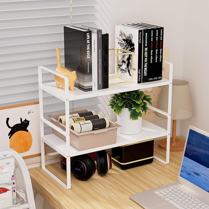 Cabinet Organizer Shelves,Adjustable Height Stackable Spice Racks for Cabinet,Pantry,Counter,Cupboard - 2 Packs of Kitchen Under Sink Expandable Storage Shelves,D:10.24" x W:16.5"-27.2",White
