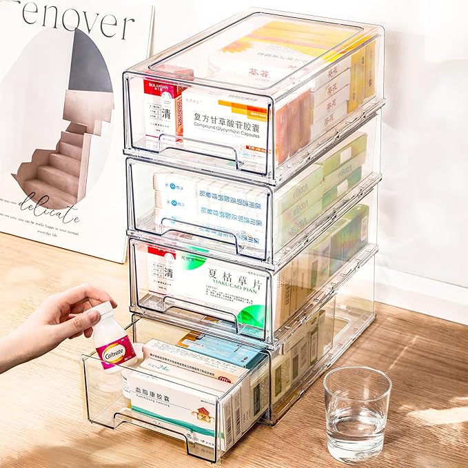 clear Drawer-Type Plastic Storage Box Bins Organizer，Family First Aid Kits Medicine cabinet Box Organizer,Closet ，Shelf，Ointments, Adhesive Bandages，Cosmetics,Office Items (clear, 4L)-NeatNest