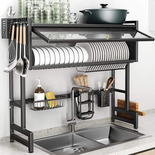 Over The Sink Dish Drainer Drying Rack 3 Tiers with Cover, Keep Kitchen Sink Shlef Organized Space-Saving Dish Drying Rack, Large Stainless Steel Sink Dish Rack for Dishes, Bowls, Cutlery (37.4"w)