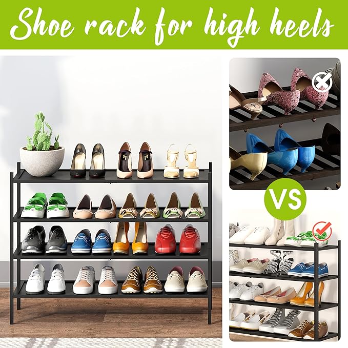 BMOSU 4-Tier Bamboo Extended Shoe Rack Premium Stackable Shoe Shelf Storage Organizer for Hallway Closet Living Room Entryway Organizer(Black)-NeatNest