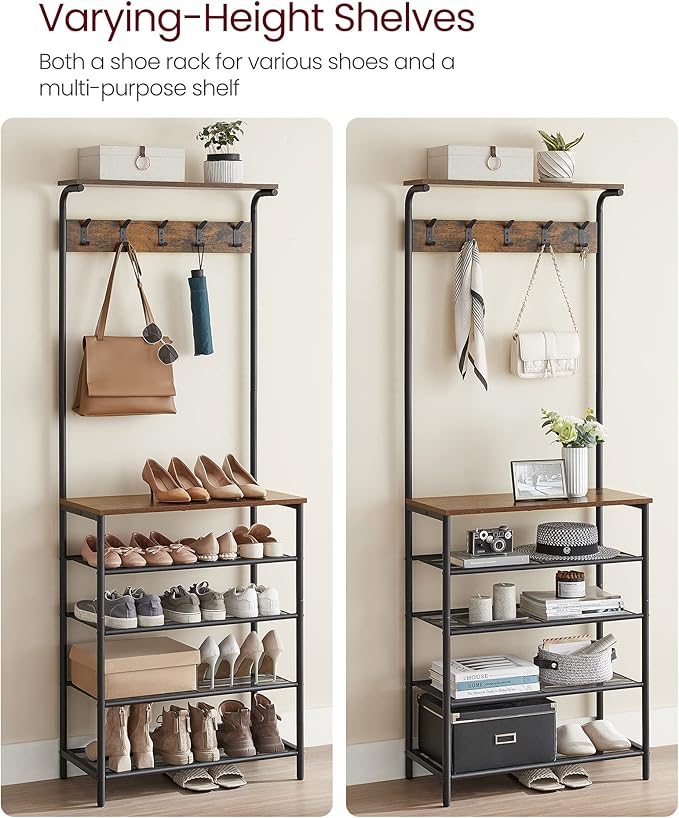 VASAGLE Hall Tree with Shoe Bench, Coat Rack Shoe Bench, 5-Tier Shoe Rack Different Heights, 5 Dual Hooks, Top Shelf, Entryway Organizer, Hallway Bedroom Dorm, Rustic Brown and Black UHSR412B01-NeatNest