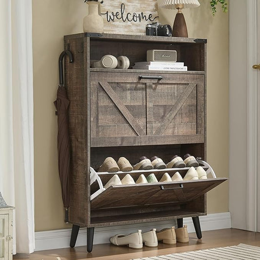 Shoe Storage Cabinet,Farmhouse Shoes Organizer with 2 Flip Drawers & Barn Door Design,Freestanding Hidden Slim Narrow Shoe Rack Cabinet with Open Shelves for Entryway,Hallway,Rustic Brown-NeatNest
