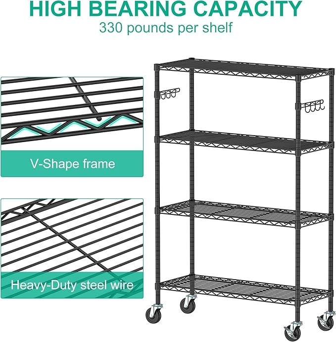 4-Tier Storage Shelving Unit with Wheels, Metal Rolling Storage Shelves Adjustable Layer Steel Rack Shelf, Wire Shelving Storage for Kitchen Garage Pantry Office, Black (14D x 36W x 57H)