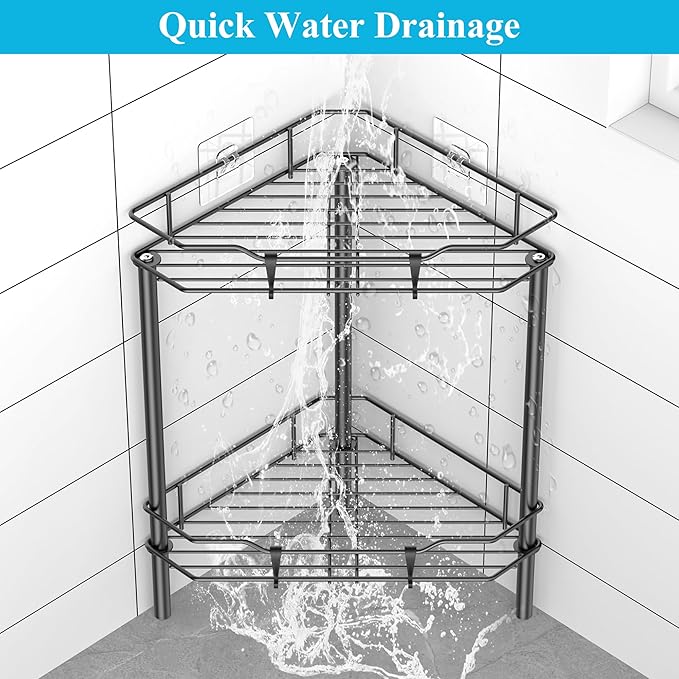 2 Tier Floor Standing Corner Shower Caddy Organizer Shelf with Hooks, Bathroom Shelves Stand Rack, Matt Black