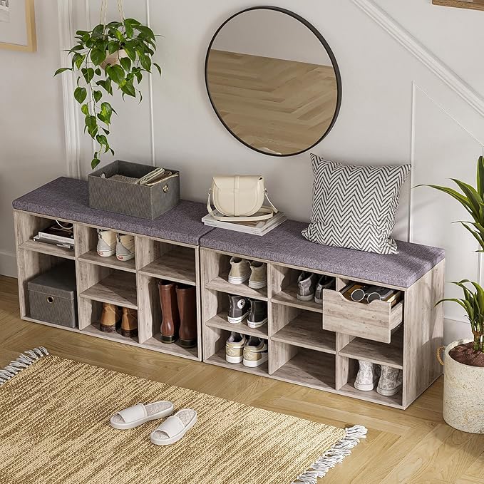 DINZI LVJ Shoe Bench, 9 Cubbies Shoe Organizer for Entryway, Storage Bench with Cushion, Cubby Shoe Rack with Adjustable Shelves for Living Room, Bedroom, Mudroom, Hallway, Greige-NeatNest