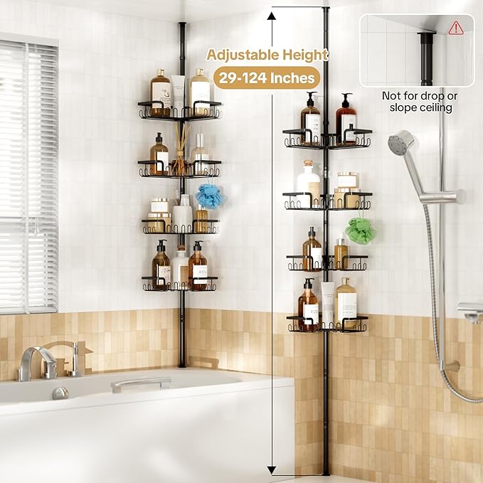 Corner Shower Caddy Tension Pole Adjustable 29–124 Inch, 4 Tier Shower Organizer, Rustproof Shower Racks for Bathroom Storage, Black