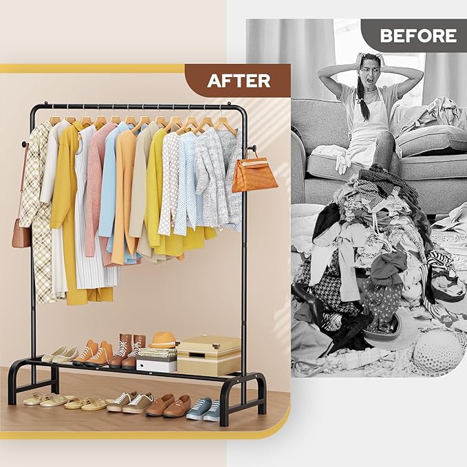 Clothes Rack With Storage Shelves: Metal Clothing Rack for Hanging Clothes, Garment Rack for Bedroom, Laundry, Living Room, Black-NeatNest