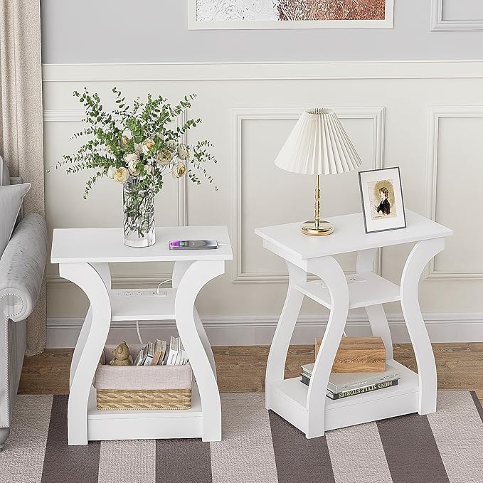 End Table with Charging Station, Side Table with USB Ports and Outlets, 3 Tier Nightstand Sofa Table for Small Spaces, Beside Table with Storage Shelf for Living Room, Bedroom