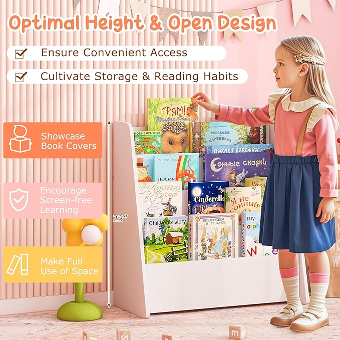 Costzon 4-Tier Kids Bookshelf, Front Facing Children Bookcase with Deep Compartments, Magazine Storage Rack for Kids Bedroom, Playroom, Nursery, Classroom, Kindergarten (White)-NeatNest