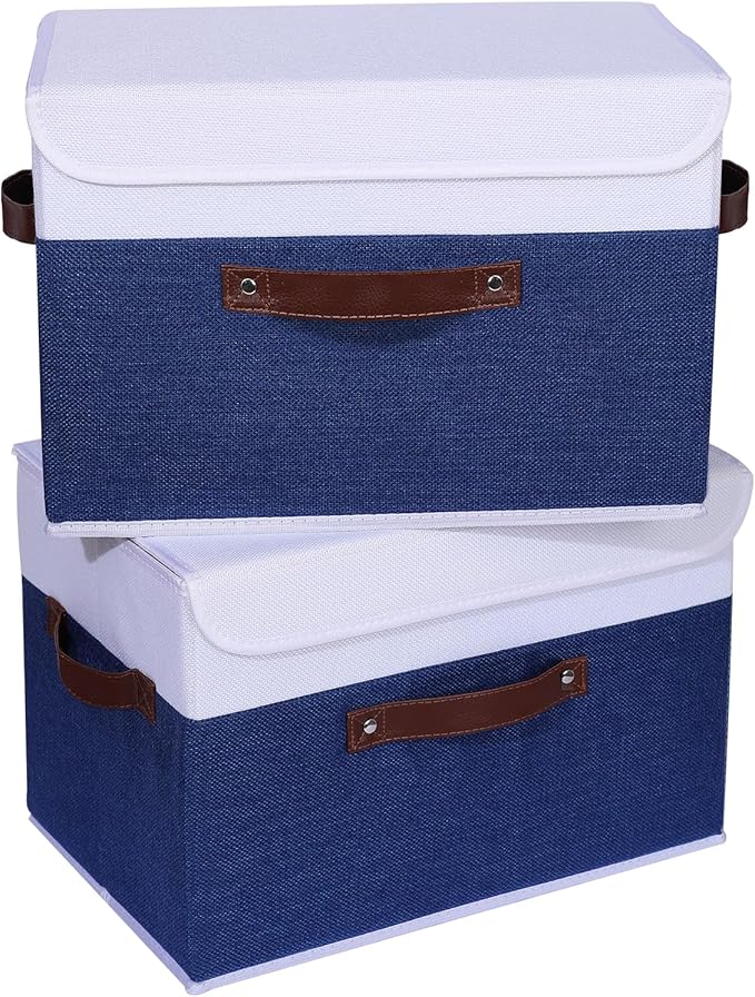 ANMINY 4PCS Storage Boxes with Lid Washable Decorative Storage Bin Basket with PU Leather Handle Foldable Linen Fabric Storage Cube Container for Home Closet Organizer - Deep Blue White, Large Size-NeatNest
