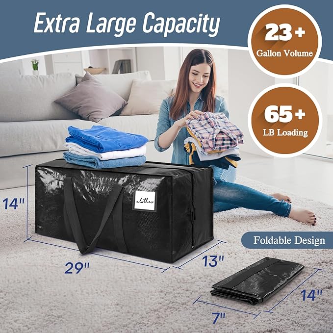 12 Pack Extra Heavy Duty Large Moving Bags with Strong Zipper & Comfortable Handles, Sturdy & Durable Clothes Storage Bags Totes Bins, Packing Moving Boxes for College Supplies, Black-NeatNest